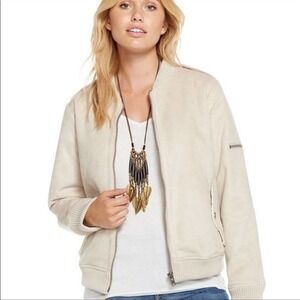 Chaser Faux Fur Lined Faux Suede Cropped Full Zip Jacket in Beige Size Medium